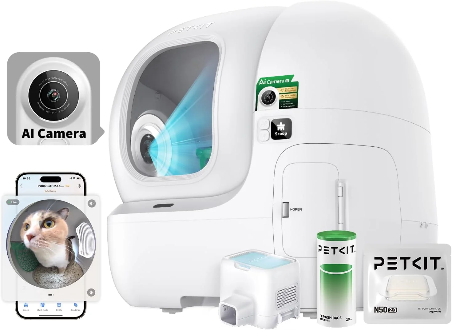 First-Class PETKIT 2025 Purobot Max Pro AI-Camera Self Cleaning Cat Litter Box 210° Wide Angle Lens Night Vision Cat Facial Recognition Automatic Litter Box with 5G WiFi App Control Odor- Modern