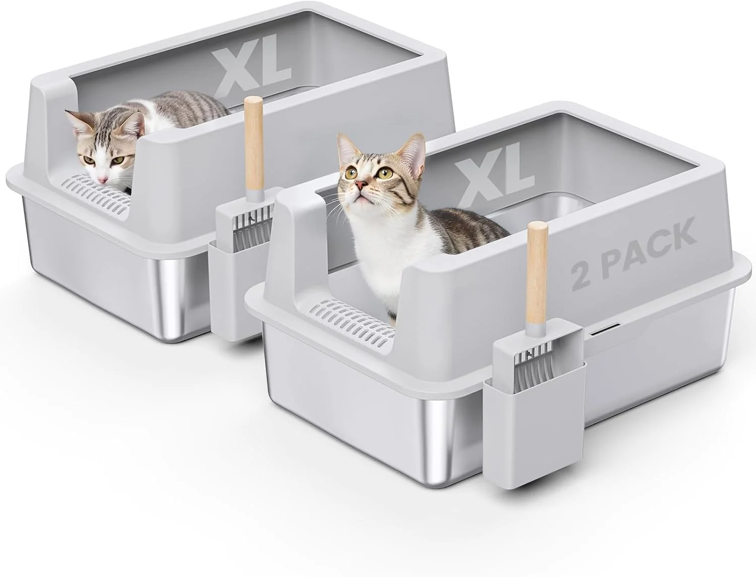 Relaxed 2 Pack Stainless Steel Cat Litter Box – Enclosed XL Metal Kitty Litter Box with Lid for Big Cats High Sided Anti-Leakage Easy Cleaning Non-Sticky Included Cat Litter Spoon