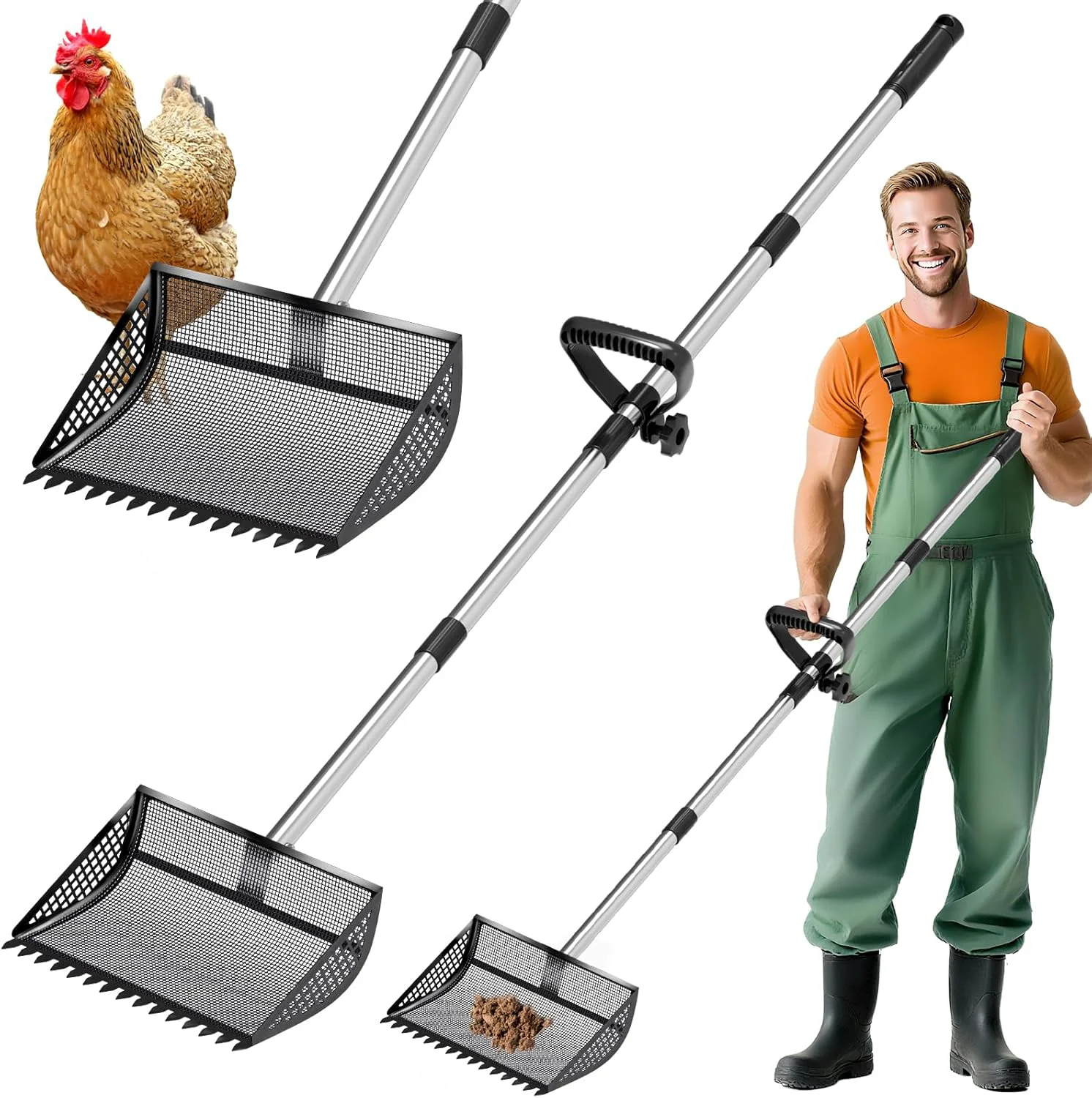Unique 12 Inch Chicken Poop Scooper Rake 2-in-1 Large Metal Shovel Head Rubber Handle Stainless Steel Chicken Litter Scoop for Chicken Coops Litter Screening Scoop 35 to 65in US Patent Pending Black Top-Quality