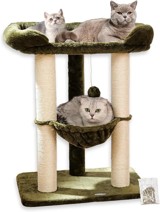 Enhanced Happi N Pets 28 Cat Tree Tower Tall Cat Scratching Post with Soft Perch for Window Viewing Large Bed for Big Cats Stable Compact Cat Tower with Hammock Removable Cover-GreenAbout ThisOverview Unique