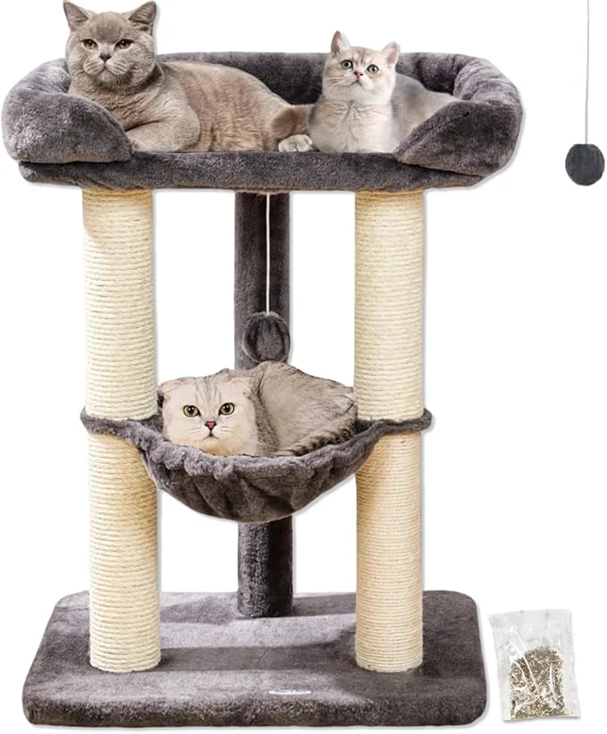 Traditional Happi N Pets 28 Cat Tree Tower Tall Cat Scratching Post with Soft Perch for Window Viewing Large Bed for Big Cats Stable Compact Cat Tower with Hammock Removable Cover-GrayAbout ThisOverview Optimized