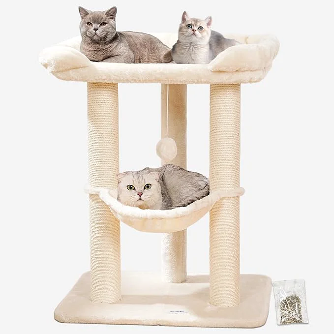 Specialty Happi N Pets 28 Cat Tree Tower Tall Cat Scratching Post with Soft Perch for Window Viewing Large Bed for Big Cats Stable Compact Cat Tower with Hammock Removable Cover-BeigeAbout ThisOverview Natural