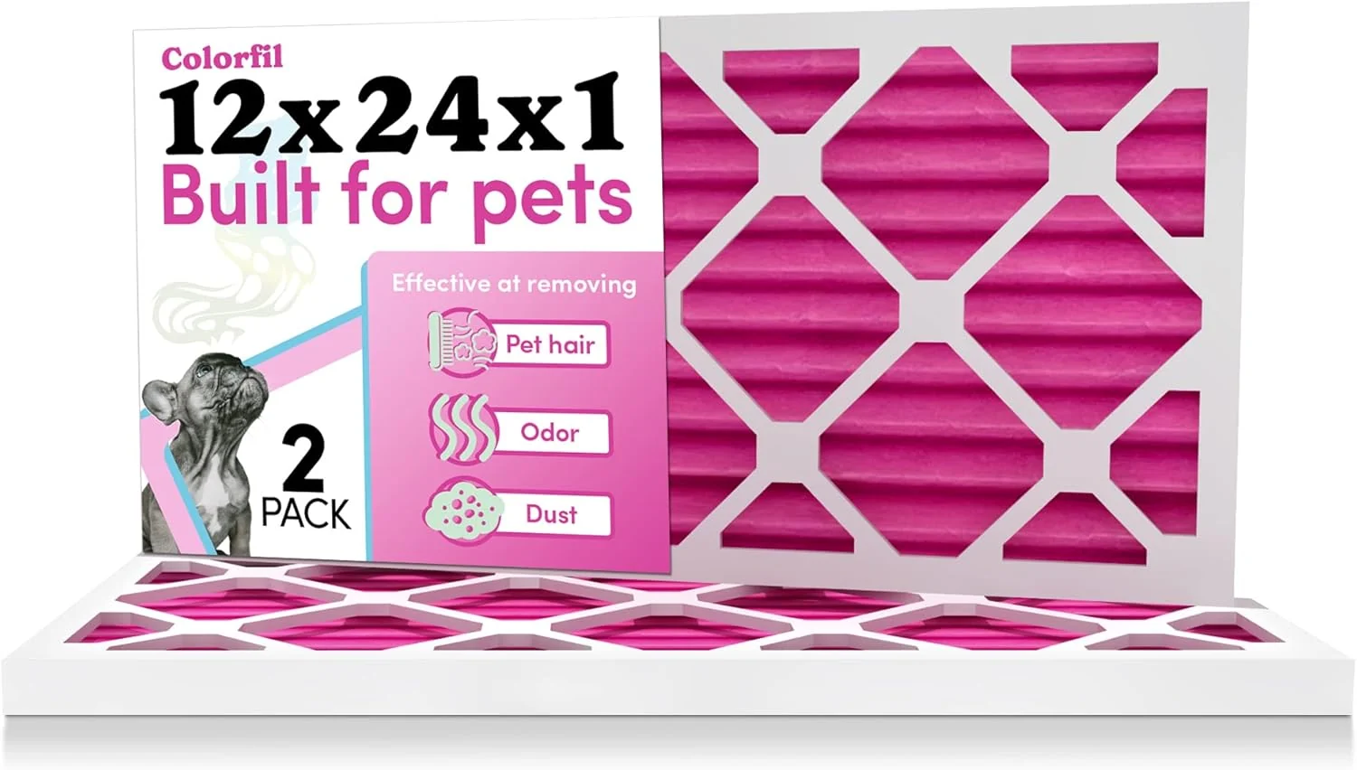 Durable Colorfil 12x24x1 Air Filter 2-Pack Made in the USA Color Changing Remove Cat and Dog Odor MERV 8 for Pet Hair Dander and Dust 11.5 x23.5 x0.75 Exact Size Detailed
