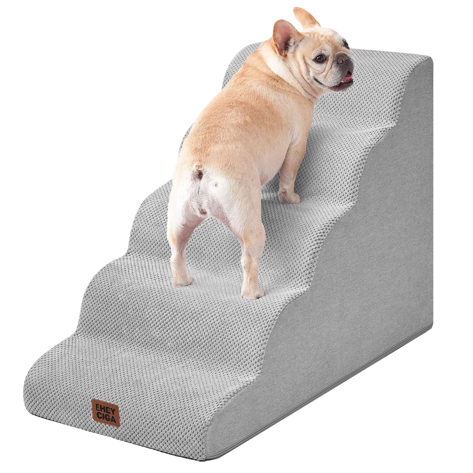 Solid EHEYCIGA Curved Dog Stairs – 5-Step Extra-Wide Non-Slip Pet Steps for High Beds Light Grey Certified
