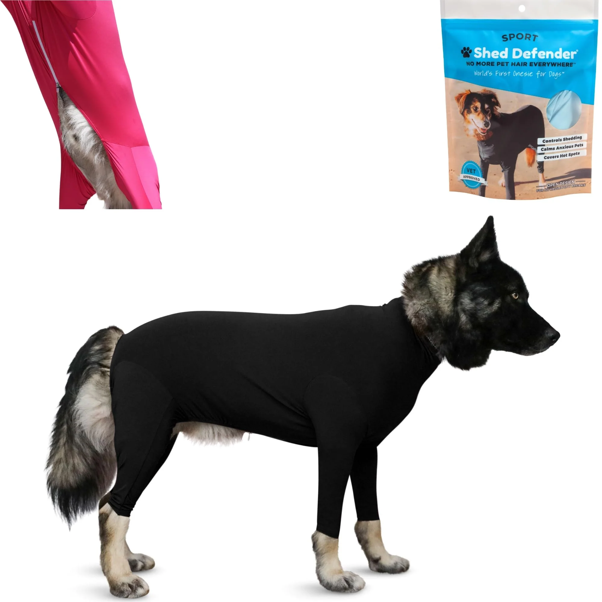 World-Class Seen on Shark Tank Shed Defender Sport Dog Onesie — Shedding Containment Calming Fit Premium