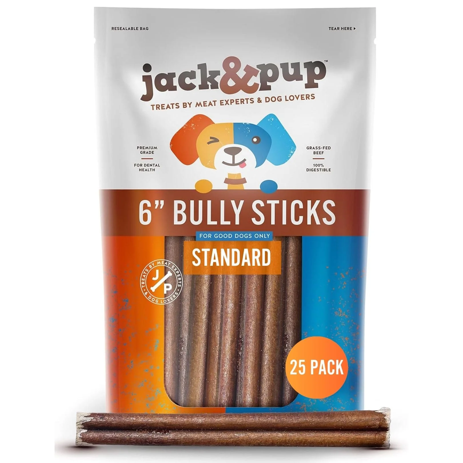 Specialty Jack Pup 6 Inch Bully Sticks for Large Dogs – Odor- 25-Pack All-Natural Beef Pizzle Solid