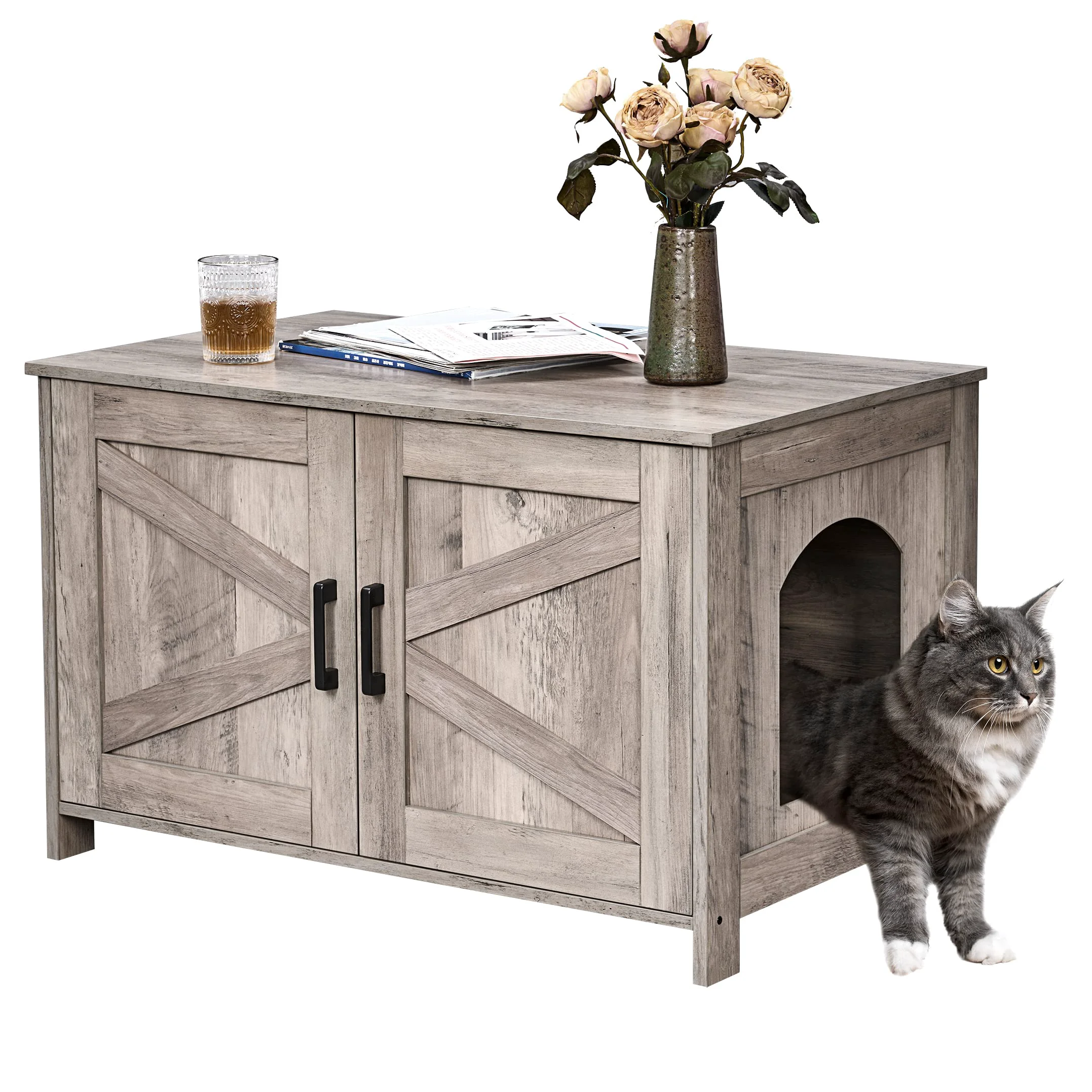 Functional Homhedy Cat Litter Box Enclosure Wooden Barn-Door Cat Washroom Greige First-Class
