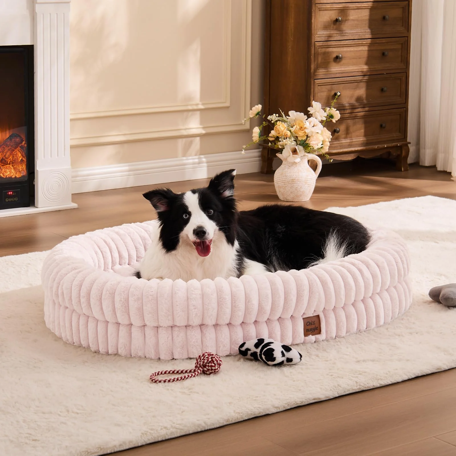 Easy-to-Use ChiXnuggle XL Dog Bed – Luxury Striped Faux Fur Waterproof Orthopedic with Bolster Sides Pink Sophisticated