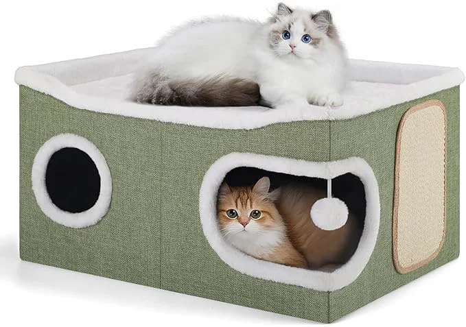 Modern Cat Beds for Indoor Cats Extra Wide Cat Cube House for Multi Cats Foldable Cat Cave Hideaway with Arc-Edge Design Oval Door Double-Side Soft Cushion for All Seasons 24 L x 17.7 D x 12.6 H GreenAbout ThisOverview Reliable