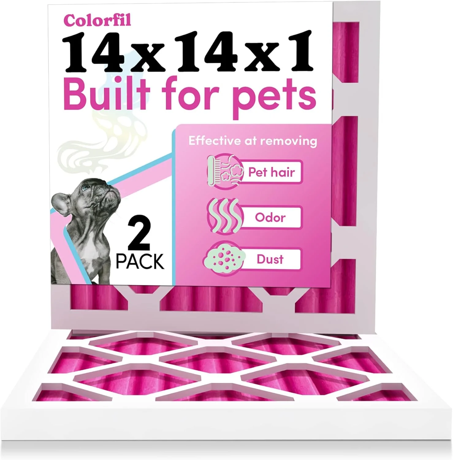 Efficient Colorfil 14x14x1 Air Filter 2-Pack Made in the USA Color Changing Remove Cat and Dog Odor MERV 8 for Pet Hair Dander and Dust 13.75 x13.75 x0.75 Exact Size Versatile