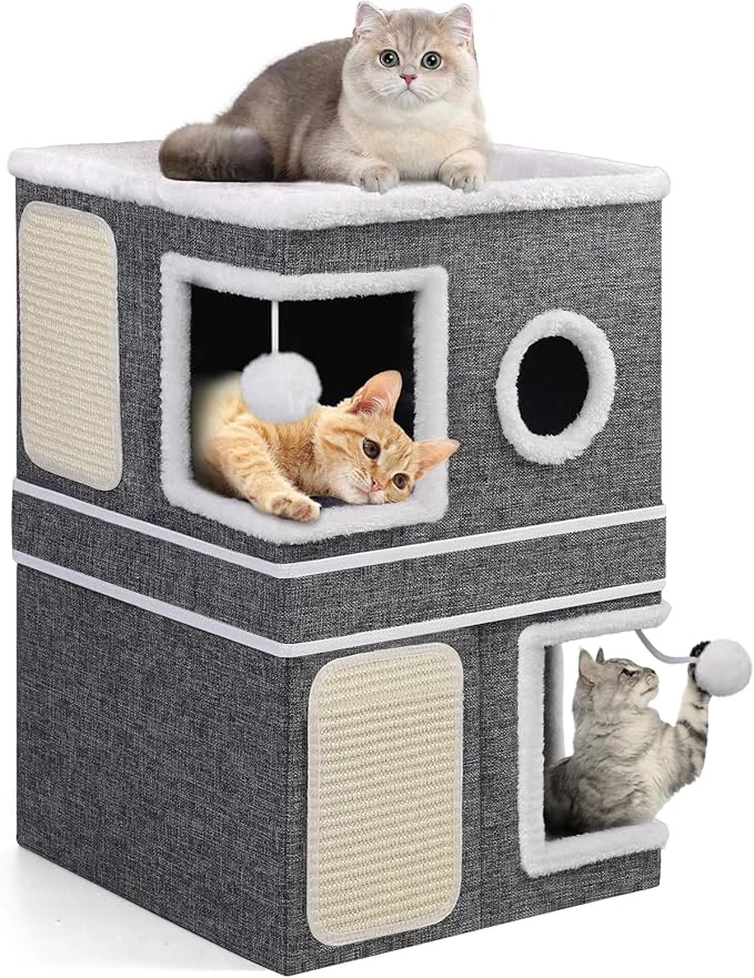 Trusted Shikha 2-Storey Cat Houses for Indoor Cats Dual-Purpose Double Large Cat Beds Cave with Hideaway Condos Scratch Pads Fluffy Balls Foldable Indoor Cat Cube House for Multi Small Pets Kitten GreyAbout ThisOverview Casual