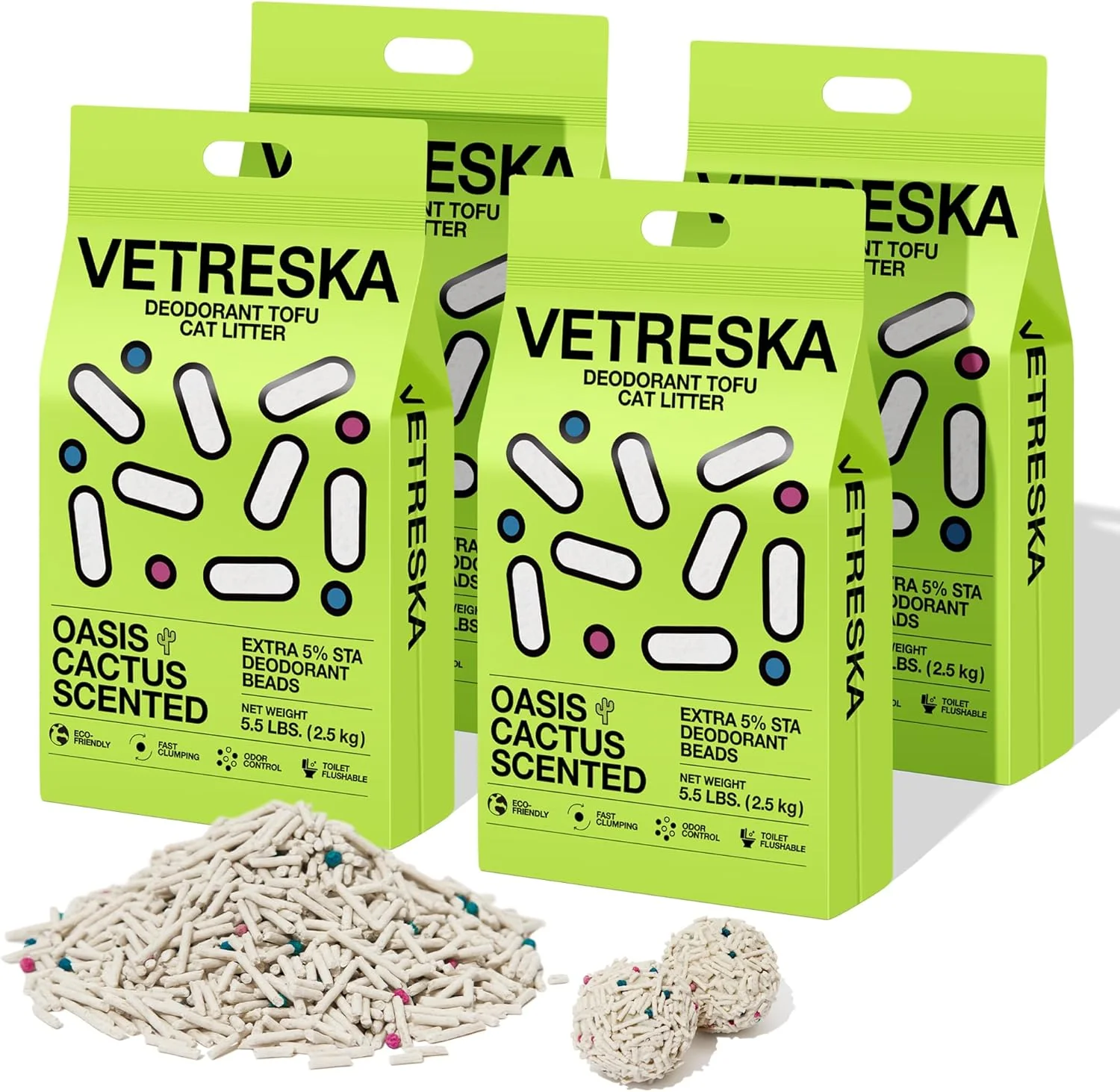 Modern VETRESKA Tofu Cat Litter Natural Strong Clumping Flushable Litter Pellets Ultra Water Absorbent Deodorant Tofu Litter Dust- Low Tracking Cat Litter Cactus 5.5lb×4bags Optimized