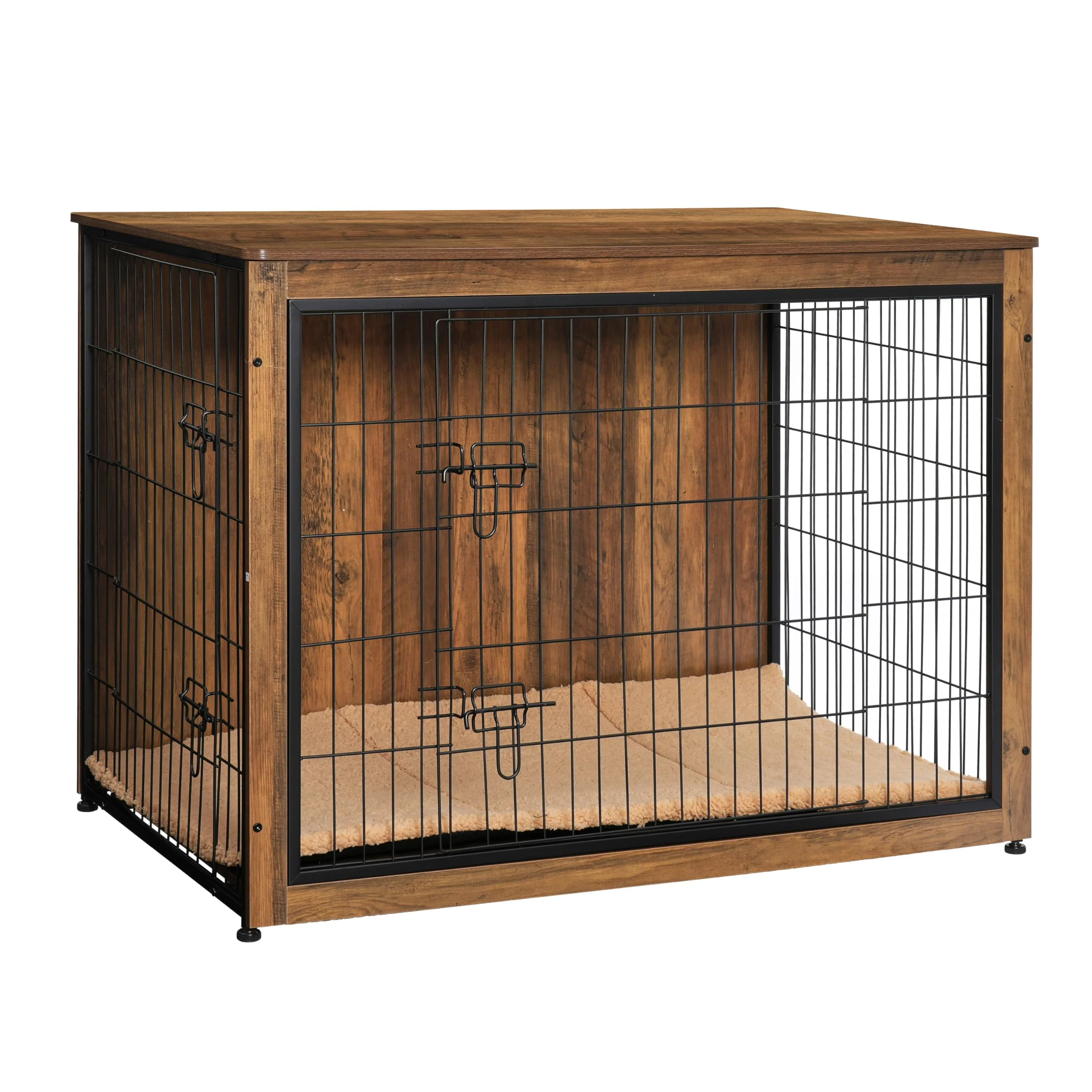 Breathable Dwanton Dog Crate Furniture with Cushion — Extra Large 43.3-Inch L Warm Brown Wooden Kennel Table with Double Doors Versatile