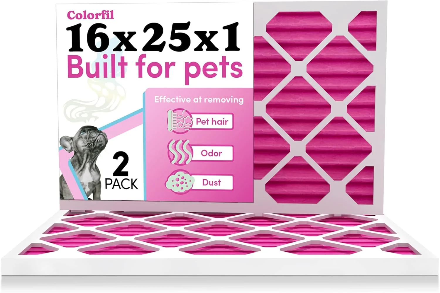 Verified Colorfil 16x25x1 Air Filter 2-Pack Made in the USA Color Changing Remove Cat and Dog Odor MERV 8 for Pet Hair Dander and Dust 15.5 x24.5 x0.75 Exact Size Convenient