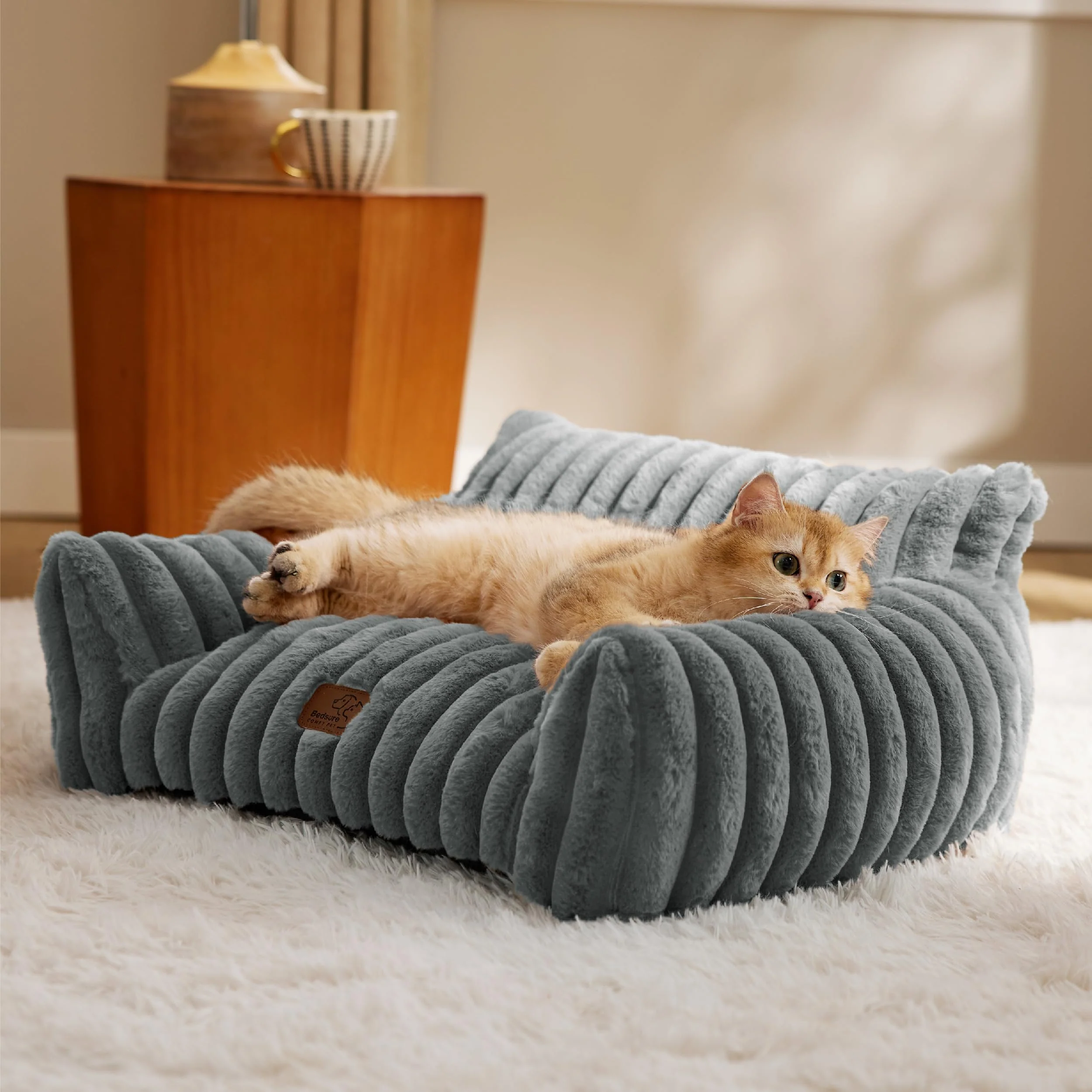 Classic Bedsure Cute Cat Couch for Pets – 24-Inch Warm Grey Premium Corduroy Fleece Removable Cover Artisan