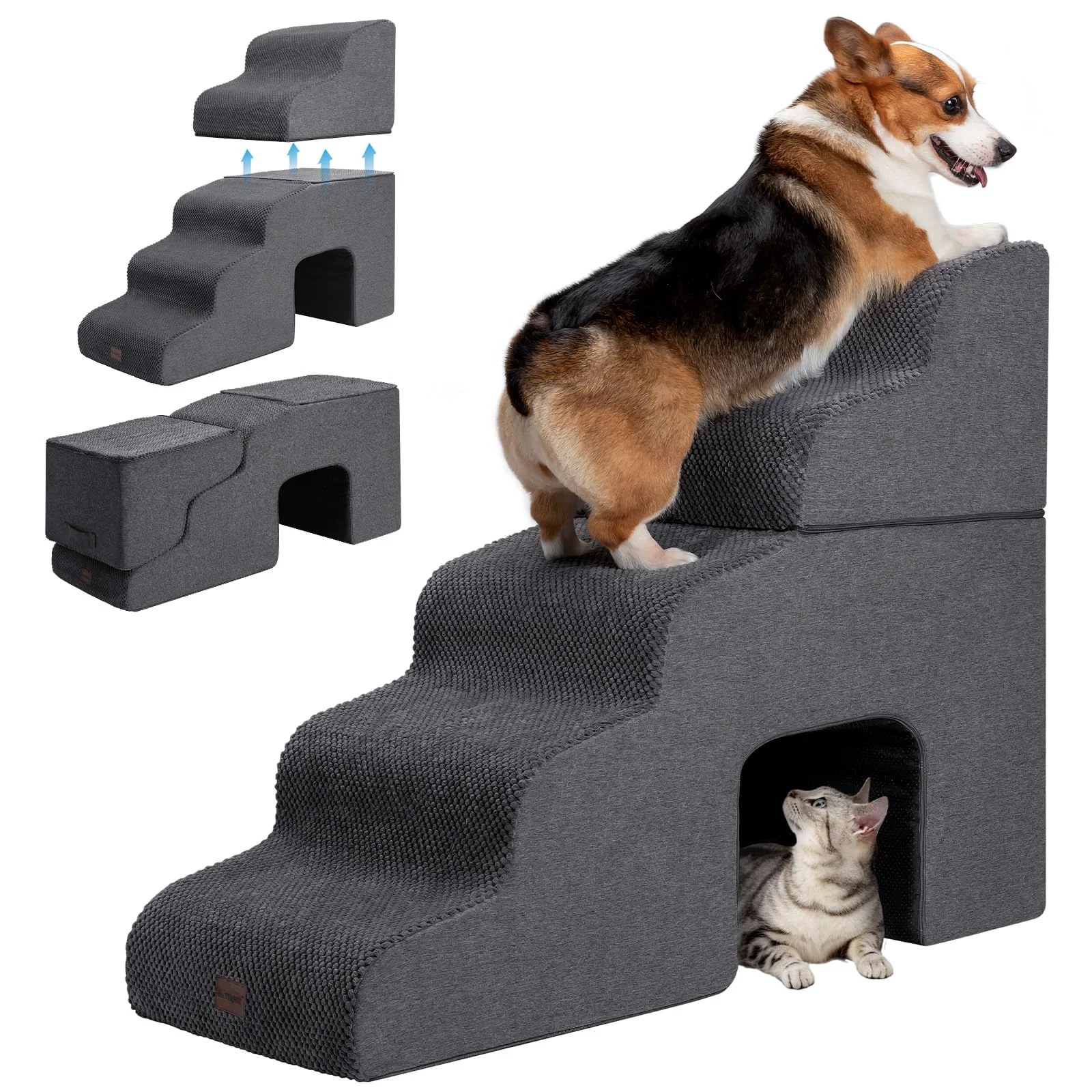 Carefully Designed Garnpet Dog Stairs for High Beds with Tunnel – 5-Step Foldable Non-Slip Pet Steps Dark Grey Safe