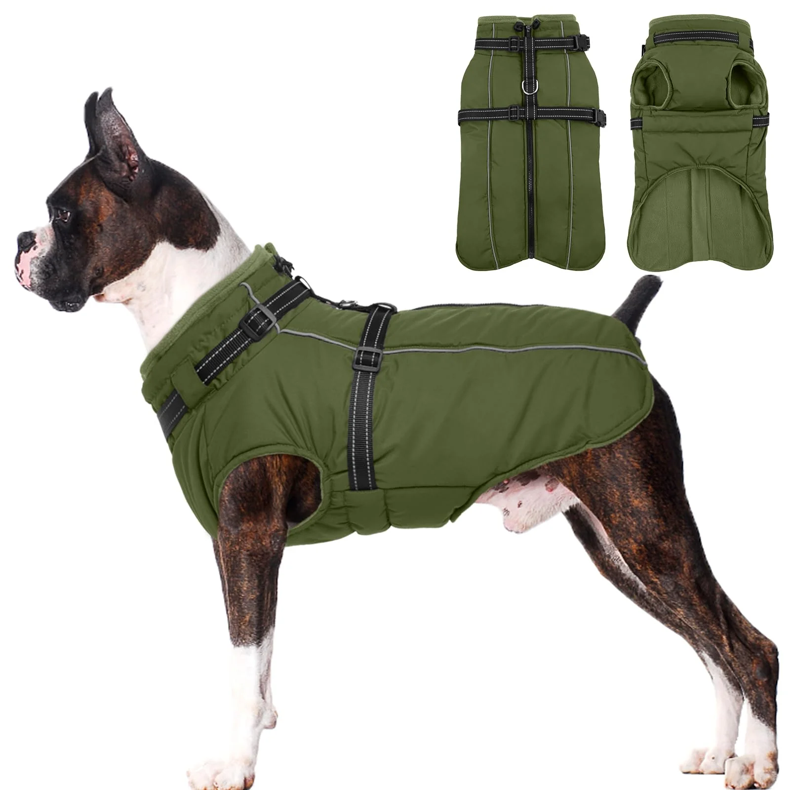 Proven LeLePet Waterproof Dog Jacket with Built-in Harness – Reflective Winter Coat for Medium Dogs Army Green M Pure