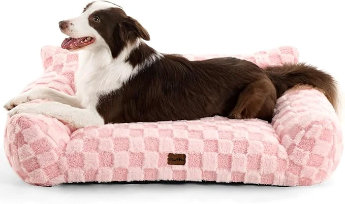 Innovative Made4Pets Dog Couch Bed Soft Faux Fur Checkered Indoor Pet Sofa Comfortable Fluffy Dog Sofa with Supportive Foam Removable Washable Cover with Non-Slip Base Pink LargeAbout ThisOverview Smart