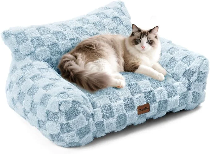 Traditional Made4Pets Cat Beds for Indoor Cats Cat Couch Bed Soft Faux Fur Checkered Pet Sofa Calming Fluffy Kitten Sofa with Supportive Foam Removable Washable Cover with Non-Slip Base Sky Blue SmallAbout ThisOverview Functional
