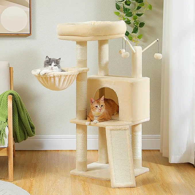 Safe Cat Tree Multi-Level Cat Tower for Indoor Cats Cat Climbing Tree Condo with Sisal Covered Scratching Posts Deep Hammock and Interactive Cat Toy BeigeAbout ThisOverview Detailed