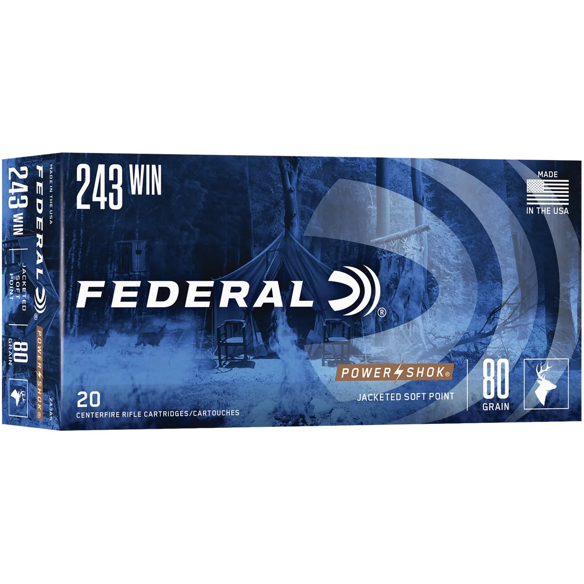 Certified Federal Power Shok .243 Win 80 Grain Jacketed Soft Point Centerfire Ammunition Cartridges Relaxed