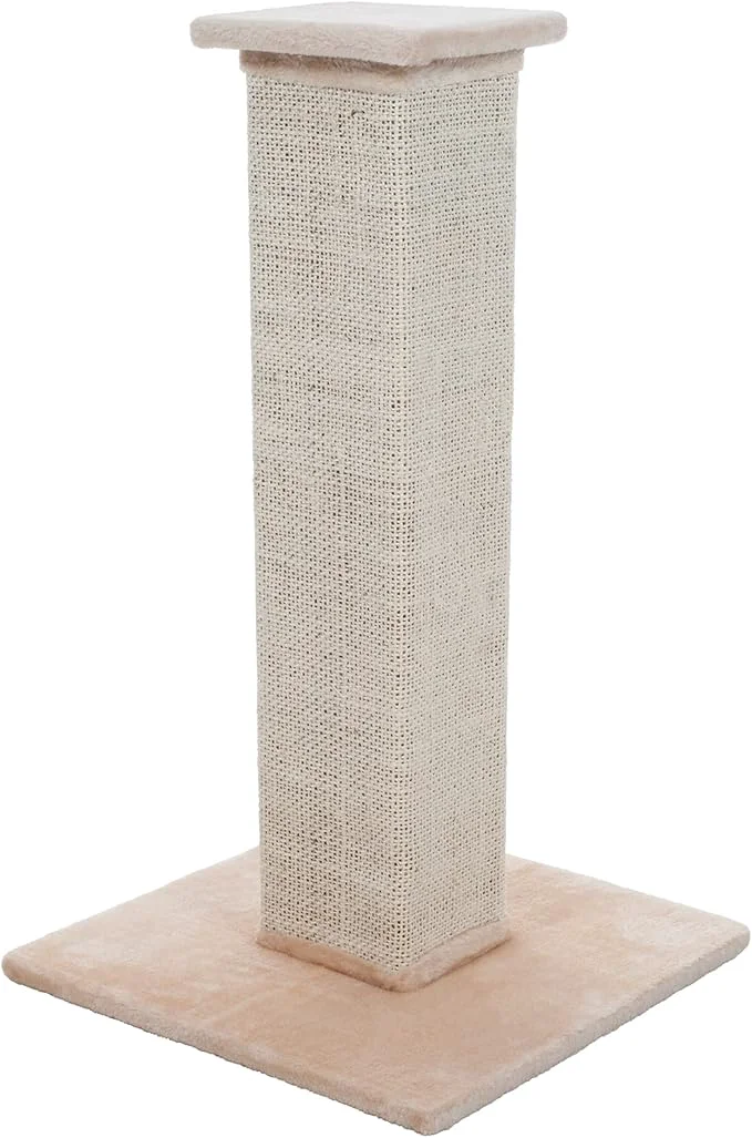 Long-Lasting Cat Scratching Post with Carpeted Base – 27.75-Inch Sisal Burlap Fabric Scratcher – Furniture Scratching Deterrent for Indoor Cats by PETMAKER Beige About ThisOverview Elegant