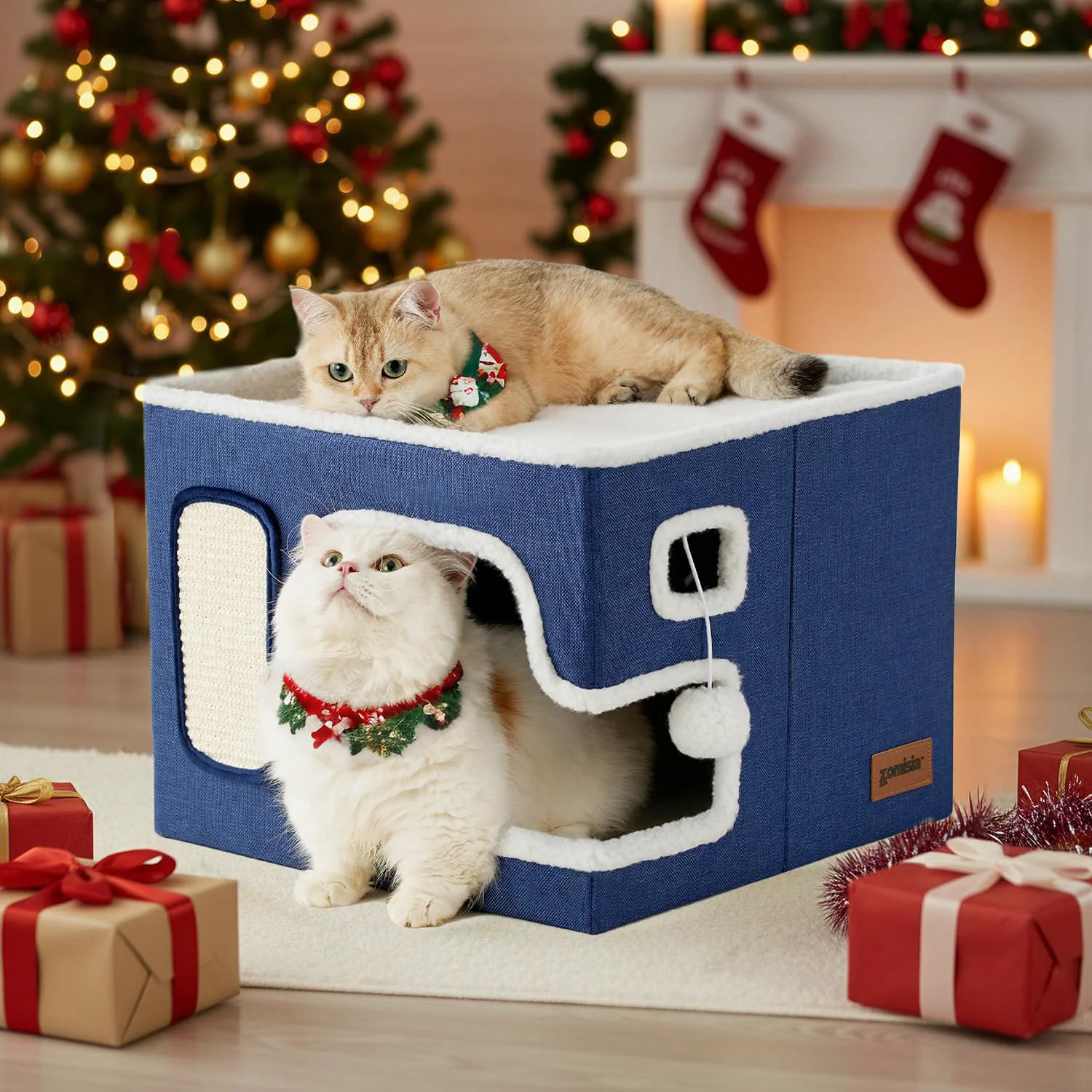 Contemporary ZOMISIA Cat Beds for Indoor Cats — Large Foldable Hideaway with Scratch Pad Fluffy Ball Navy High-Quality