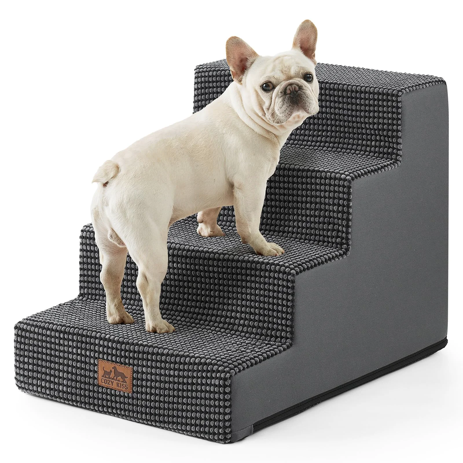 Relaxed COZY KISS Dog Stairs for Small Dogs — 4-Tier Wider Pet Stairs for Couch Bed 17.7-inch H Non-Slip Dark Grey Powerful
