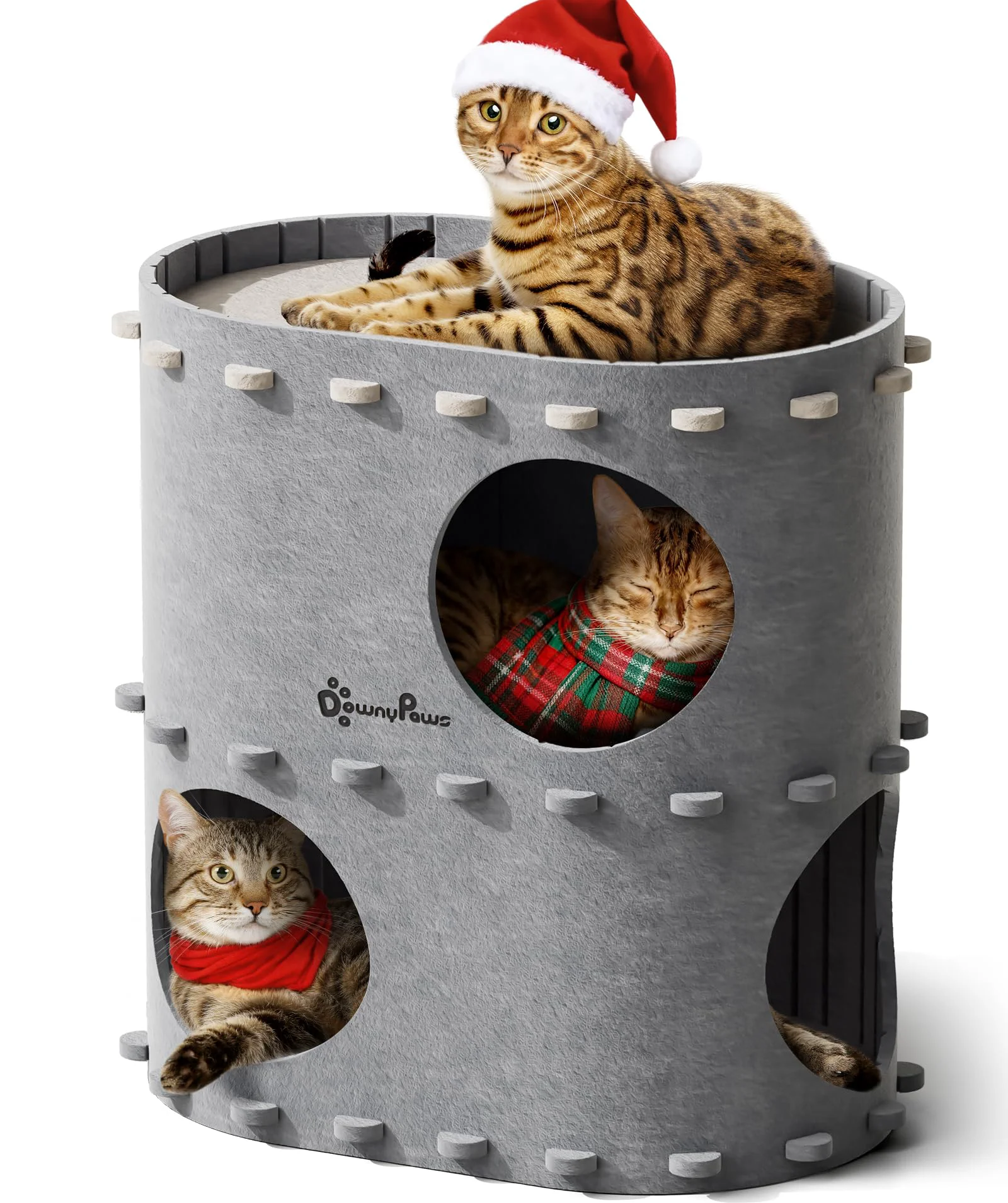 Sustainable DownyPaws Castle Cat House – 2-Storey Felt Cat Bed Tunnel for Multicat Homes Pure