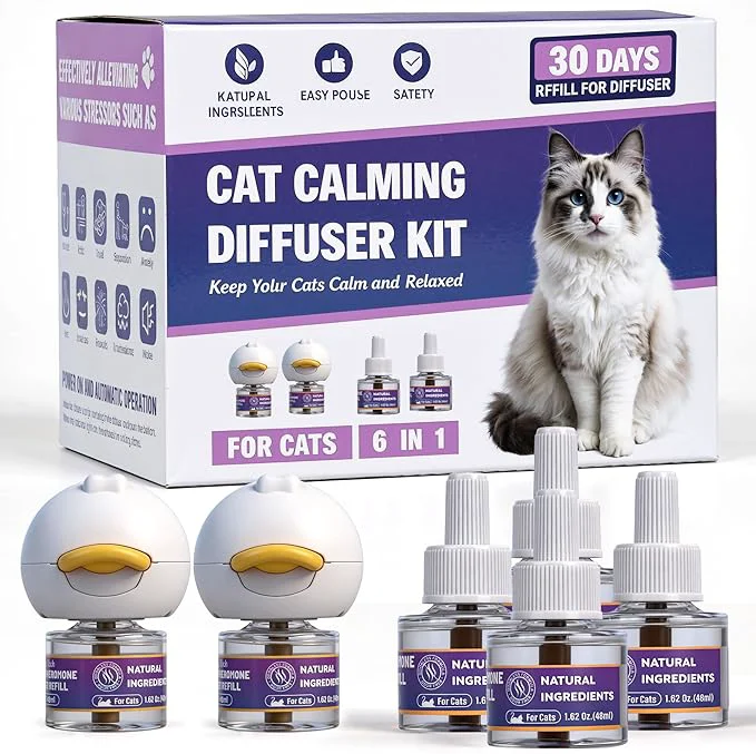 Long-Lasting Cat Calming Pheromone Diffuser Cat Anxiety Relief Diffuser Plug in Calmer with 2 Diffusers 4 Refills Reduce Cat Anxiety Cat Fighting Urine Marking Scratching Stress 48ml Bottle for All CatsAbout This Sustainable
