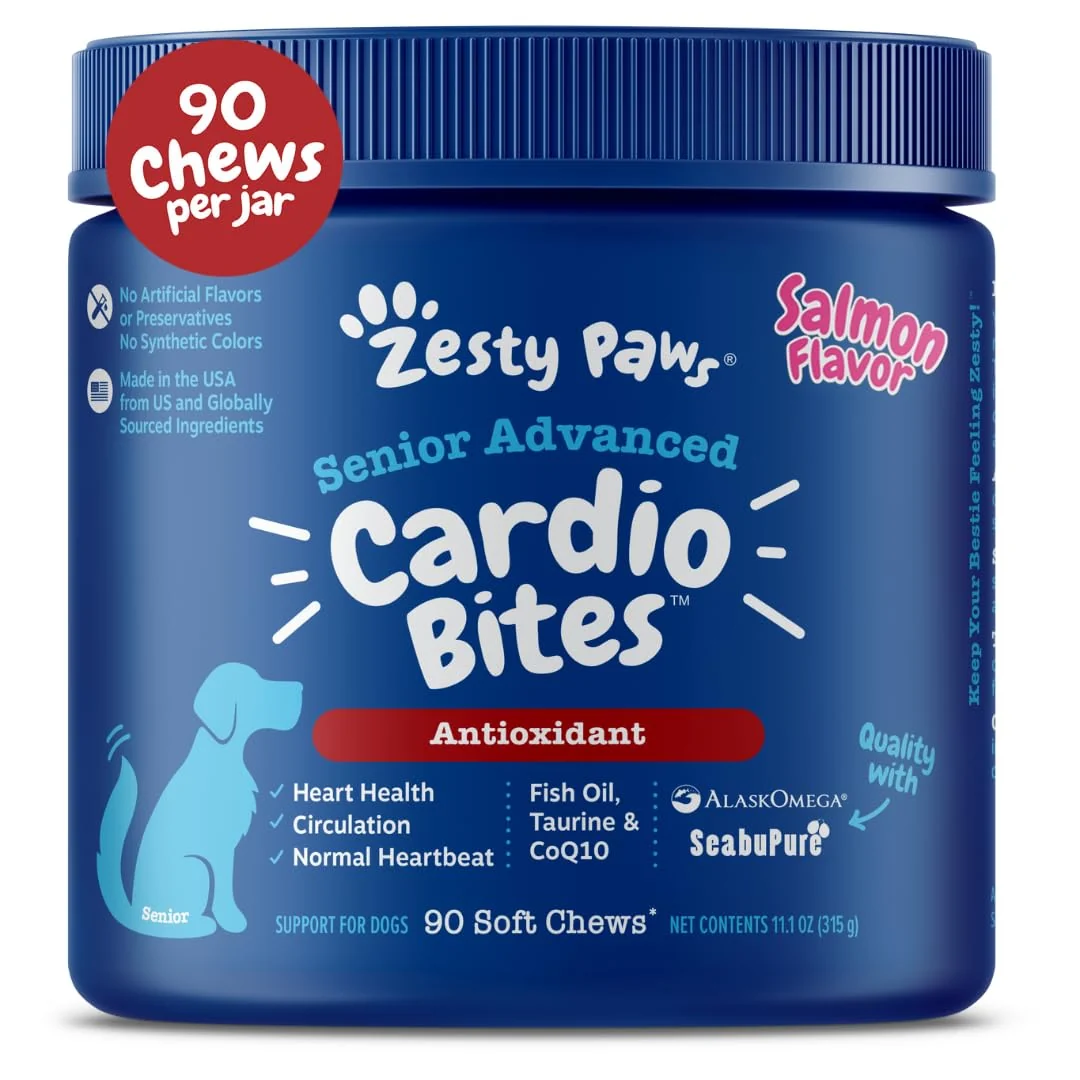Refined Zesty Paws Cardiovascular Support for Dogs – Taurine CoQ10 Sea Buckthorn – Senior Heart Health – AlaskOmega Omega-3 Salmon – 90-count Pure
