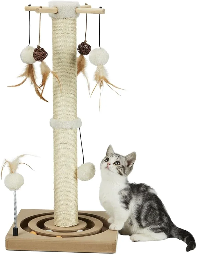 Top-Quality PEEKAB Cat Scratching Post Sisal Scratch Posts for Indoor Cats and Kittens with Tracking Ball Interactive Toys and Hanging Balls 25 Inches BeigeAbout ThisOverview Luxury