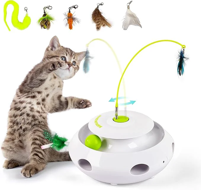Green ALL FOR PAWS 3 in 1 Interactive Flutter Bug Cat Toy with Rolling Balls Whack-a-Mole Feather Toy Automatic Kitten Spinner Toys Mental Stimulation for Indoor Cats Includes 6 Teaser RefillsAbout This Flexible