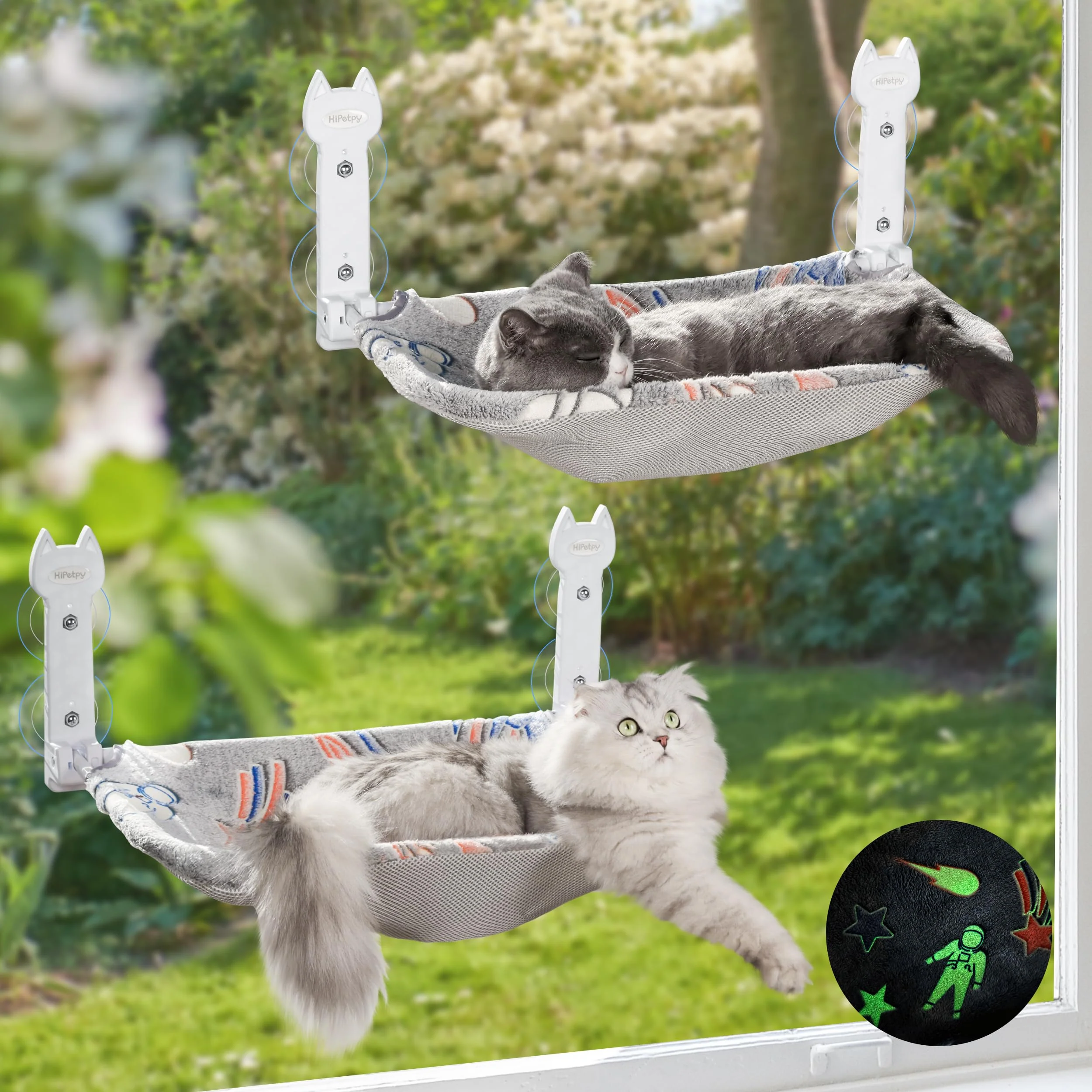 Unique HiPetpy 2 Pack Cat Window Perch – Glow-in-the-Dark Foldable Window Hammock with Sunken Design Versatile