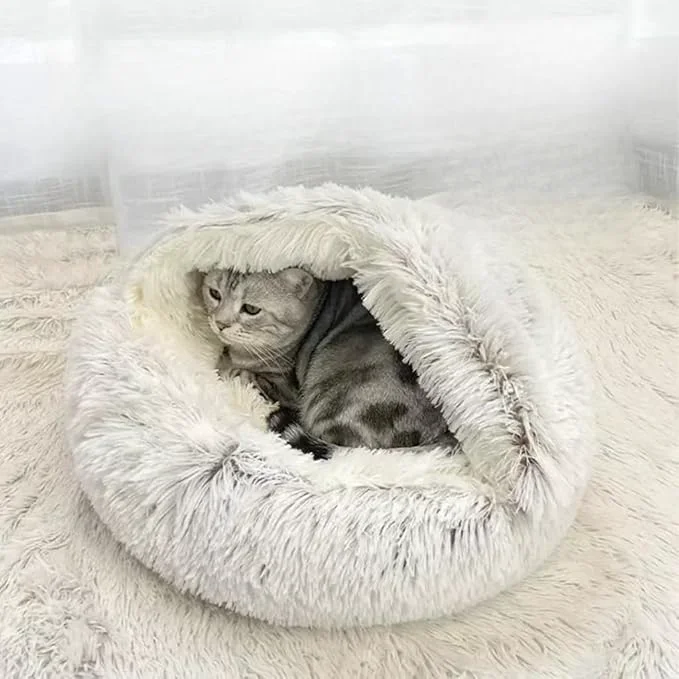 Natural Cat Bed Round Fluffy Hooded Cat Bed Cave Anti-Anxiety Cave Bed with Hooded Blanket Cozy Cuddler Luxury Puppy Pet Bed Anti-Slip Bottom and Machine Washable Grey Medium About ThisOverview Convenient