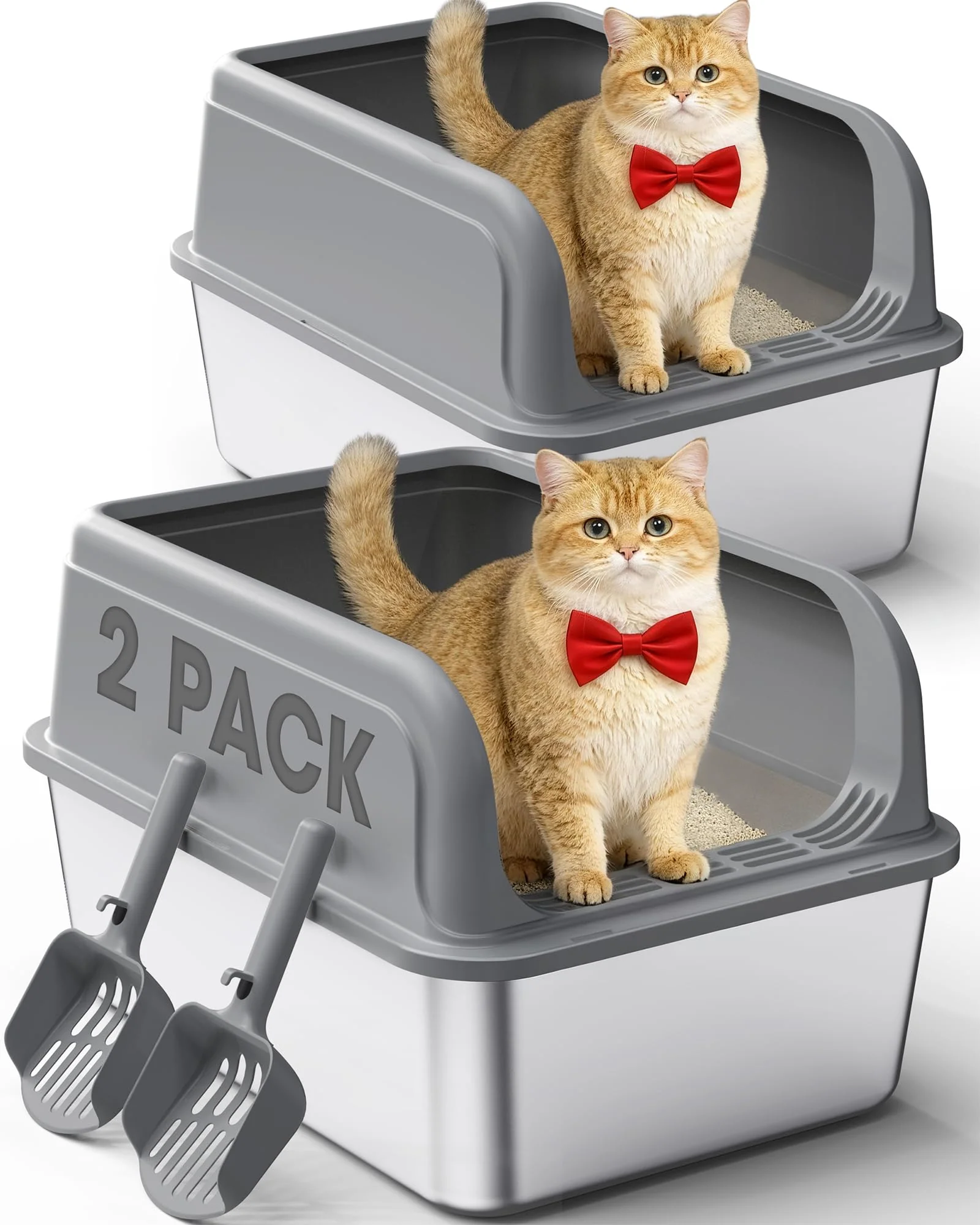 Premium Material Powools 2-Pack Stainless Steel Cat Litter Box Set — Leakproof Easy-Clean Top-Entry Functional
