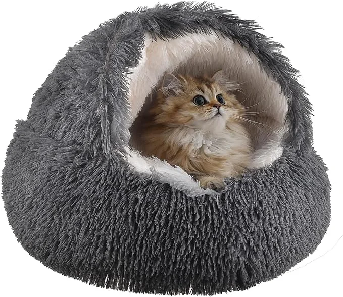 Minimalist Cat Bed Round Fluffy Hooded Cat Bed Cave Anti-Anxiety Cave Bed with Hooded Blanket Cozy Cuddler Luxury Puppy Pet Bed Anti-Slip Bottom and Machine Washable Dark Grey Medium About ThisOverview Casual