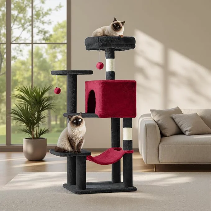 Original Design Sweetcrispy 44 Inch Cat Tree Tower Cat Climbing Tower with Natural Sisal Scratching Posts Hammock Pet Condo for Indoor Cats and Kittens Play Black and RedAbout ThisOverview Sustainable