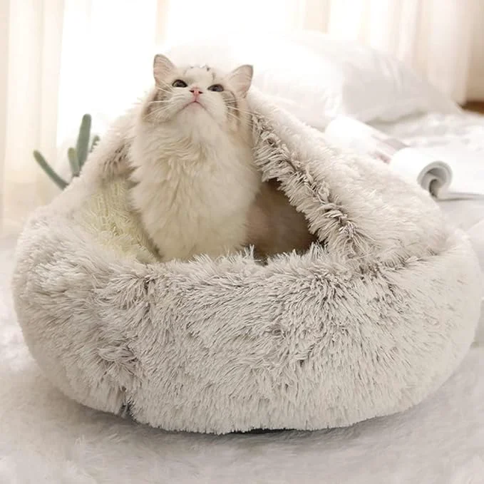 High-End Cat Bed Round Fluffy Hooded Cat Bed Cave Anti-Anxiety Cave Bed with Hooded Blanket Cozy Cuddler Luxury Puppy Pet Bed Anti-Slip Bottom and Machine Washable Coffee Large About ThisOverview Effective