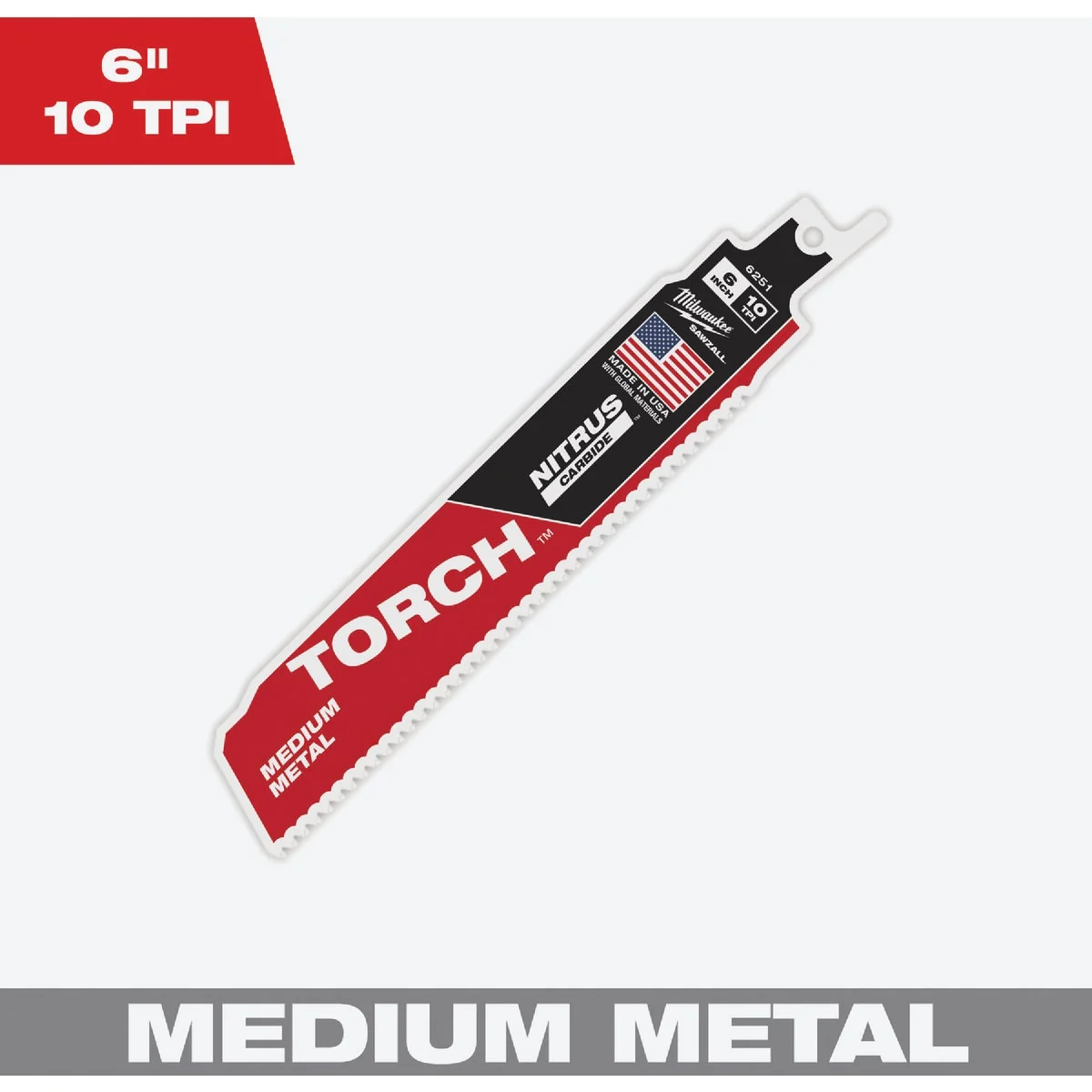 Breathable Milwaukee TORCH 6 In. 10 TPI NITRUS CARBIDE Teeth for Medium Metal Cutting Reciprocating Saw Blade Traditional
