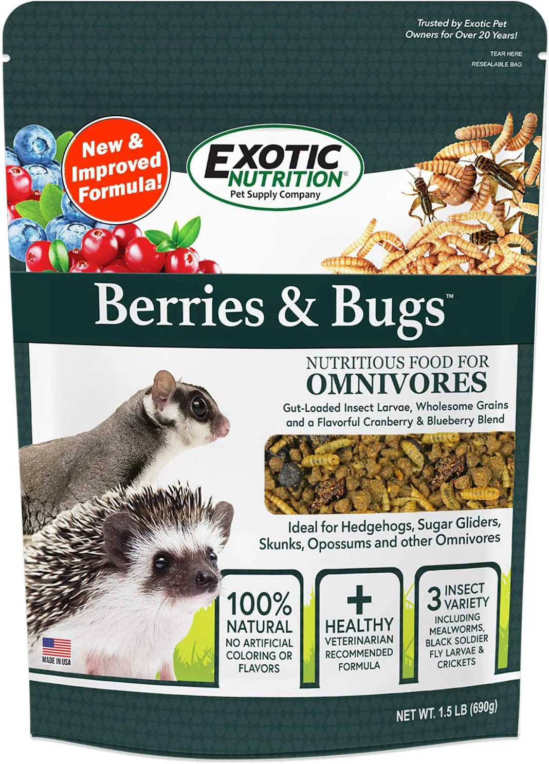 Certified Berries Bugs 3 lb. – All Natural High Protein High Fiber Insectivore Diet with Fruit Gut-Loaded Insects Healthy Vitamins – Hedgehogs Sugar Gliders Skunks Opossums Other Insectivores