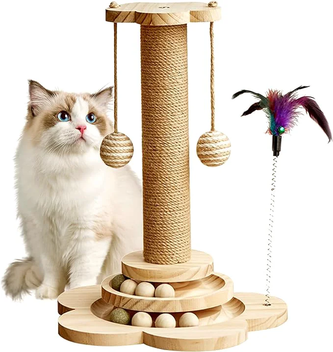 Modern Cat Scratching Post 4 in 1 Wooden Cat Scratcher Toy 17.7 Tall Scratch Post High-End