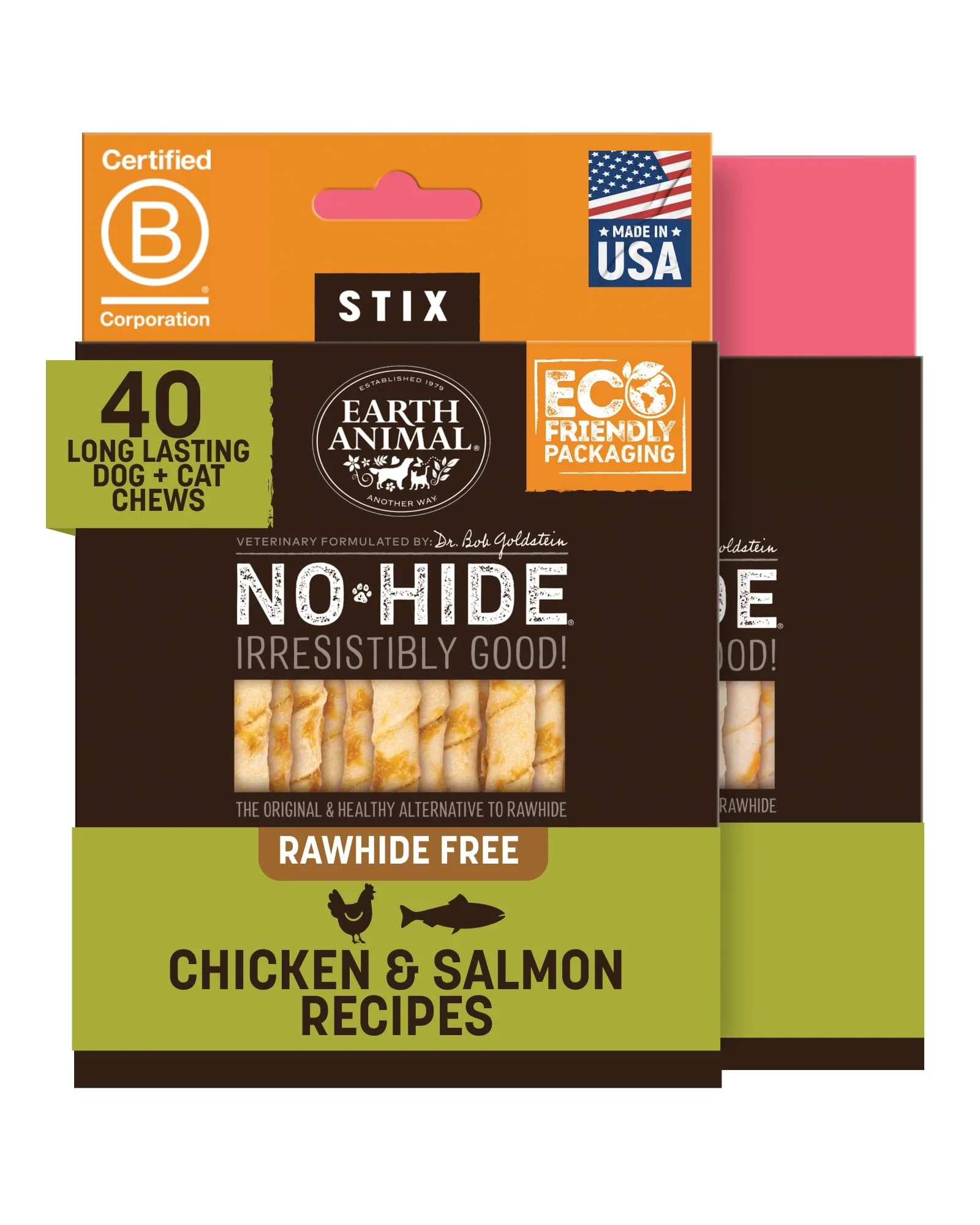 Premium Material Earth Animal No Hide Stix – Long Lasting Rawhide Small Dog Chews Chicken Salmon 40 Count Value Pack Pure