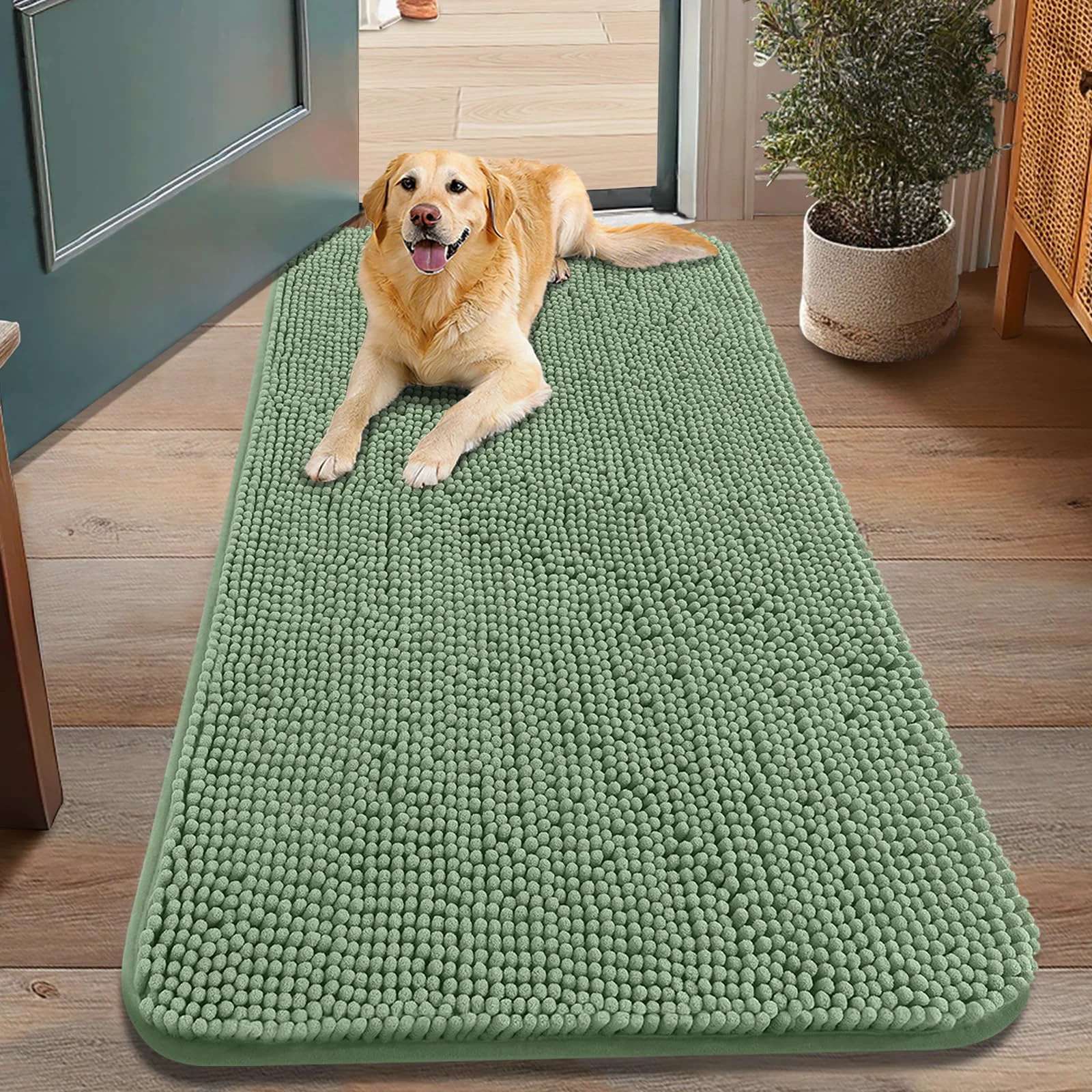 Premium Material Smiry Dog Door Mat 48×30 Olive Green Absorbs Moisture Dirt Non-Slip Quick-Dry Chenille Advanced
