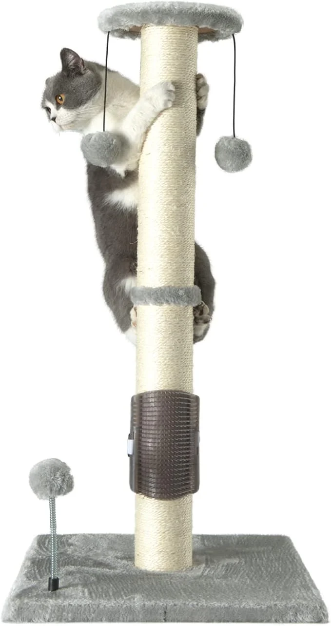 Durable PEEKAB 32 Tall Cat Scratching Post Sisal Scratch Posts with Hanging Ball and Self-Massage Brush Vertical Scratcher for Indoor Cats and Kittens Light-Gray 32inchesAbout ThisOverview Fine Crafted