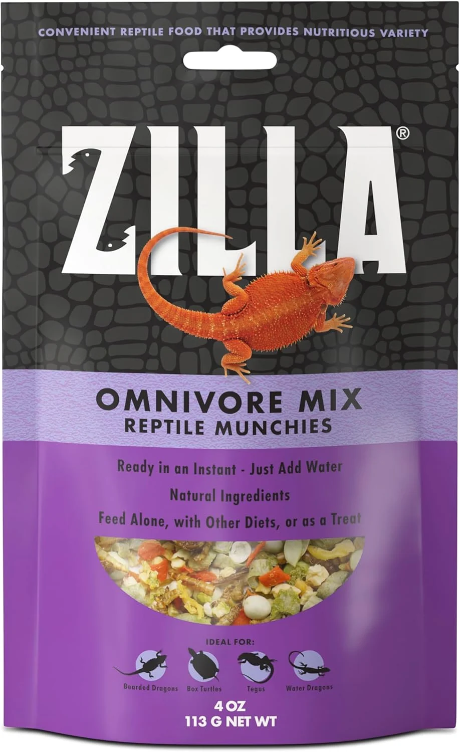 Certified Zilla Reptile Munchies Omnivore Mix Dehydrated and Sun Dried Vegetables and Insects 4 Ounces Clean