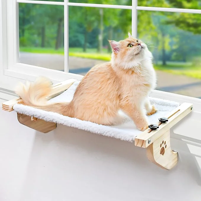 Versatile AMOSIJOY Cat Sill Window Perch Sturdy Cat Hammock Window Seat with Wood Metal Frame for Large Cats Easy to Adjust Cat Bed for Windowsill Bedside Drawer and Cabinet 24.4”-White Plush About ThisOverview Reusable