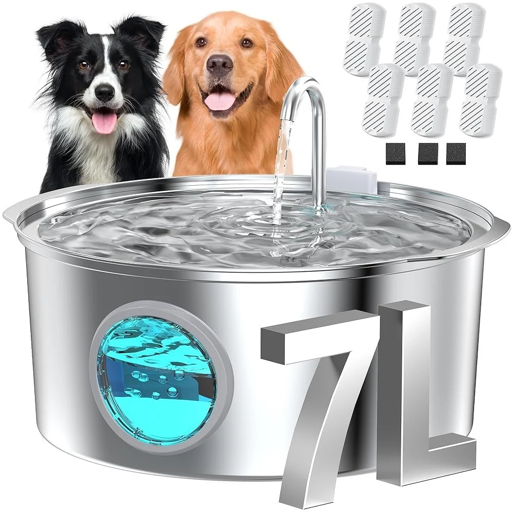 Comfortable GROOKPET Pet Water Fountain for Large Dogs — 7L Stainless Steel Quiet Indoor Drinking Fountain with 4-Stage Filtration High-Quality