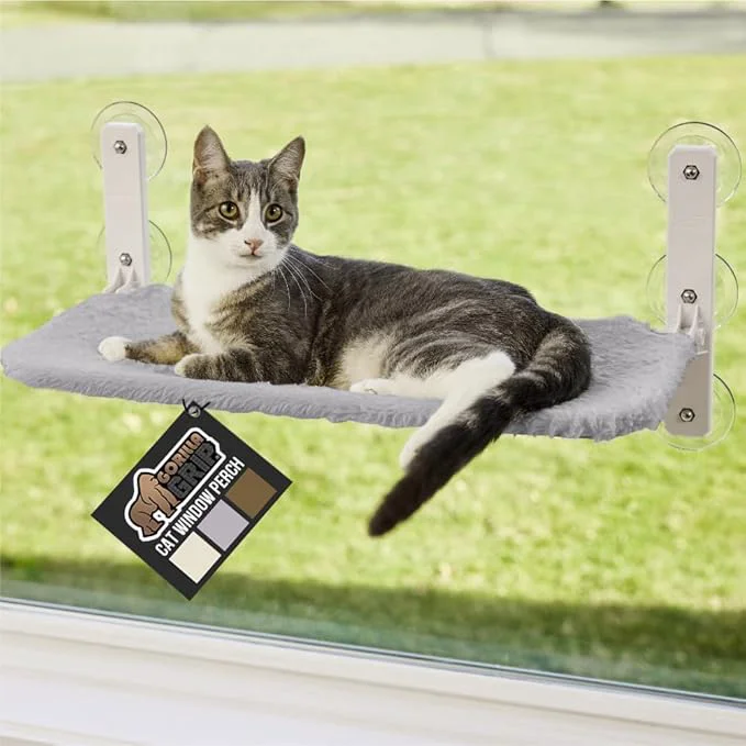 Safe GORILLA GRIP Cat Window Perch Foldable Cat Window Hammock Bed with 6 Large Suction Cups Cordless Indoor Wall Shelves Strong Metal Frame Holds 30lbs Reversible Washable Sherpa Cover Medium GrayAbout ThisOverview Flexible
