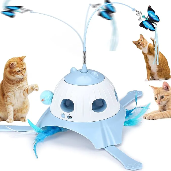 Sophisticated 3-in-1 Automatic Cat Toys for Indoor Cats Fluttering Butterfly Whack a Mole Rotating Feather Wand USB Rechargeable Interactive Feather Toys for Multi-cat Family Blue About This Secure
